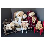 O - Collection of 5 Plush Animals with Chairs Including Dressed Teddy Bears and Bunny