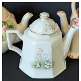 O - Collection of 5 Decorative Porcelain and Ceramic Teapots Mixed Floral Designs