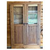 Antique Primitive Wood Cabinet with Glass Doors and Shelves