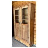 Antique Primitive Wood Cabinet with Glass Doors and Shelves
