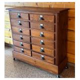 Antique 15-Drawer Wood Cabinet with Metal Pulls