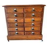 Antique 15-Drawer Wood Cabinet with Metal Pulls