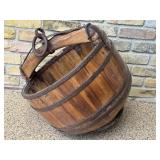 Antique Primitive Wooden Well Water Bucket with Iron Handle