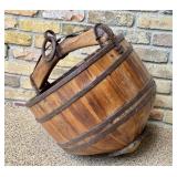 Antique Primitive Wooden Well Water Bucket with Iron Handle