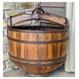 Antique Primitive Wooden Well Water Bucket with Iron Handle