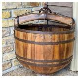 Antique Primitive Wooden Well Water Bucket with Iron Handle