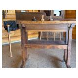 Antique Woodworking Workbench with Wilcox Vise and Set of 3 Marking Gauges