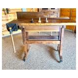 Antique Woodworking Workbench with Wilcox Vise and Set of 3 Marking Gauges