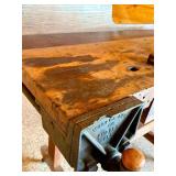 Antique Woodworking Workbench with Wilcox Vise and Set of 3 Marking Gauges