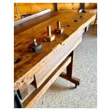 Antique Woodworking Workbench with Wilcox Vise and Set of 3 Marking Gauges