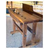 Antique Woodworking Workbench with Wilcox Vise and Set of 3 Marking Gauges