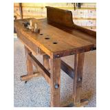 Antique Woodworking Workbench with Wilcox Vise and Set of 3 Marking Gauges