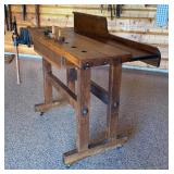 Antique Woodworking Workbench with Wilcox Vise and Set of 3 Marking Gauges