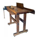Antique Woodworking Workbench with Wilcox Vise and Set of 3 Marking Gauges