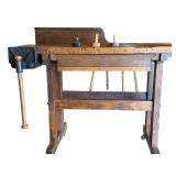 Antique Woodworking Workbench with Wilcox Vise and Set of 3 Marking Gauges
