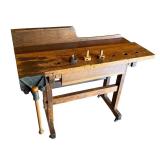 Antique Woodworking Workbench with Wilcox Vise and Set of 3 Marking Gauges