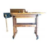Antique Woodworking Workbench with Wilcox Vise and Set of 3 Marking Gauges