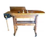 Antique Woodworking Workbench with Wilcox Vise and Set of 3 Marking Gauges
