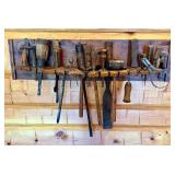 Primitive Wooden Wall Mounted Tool Holder with 25 Vintage Hand Tools