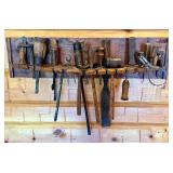 Primitive Wooden Wall Mounted Tool Holder with 25 Vintage Hand Tools