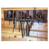 Primitive Wooden Wall Mounted Tool Holder with 25 Vintage Hand Tools
