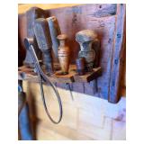 Primitive Wooden Wall Mounted Tool Holder with 25 Vintage Hand Tools