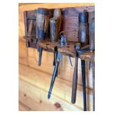 Primitive Wooden Wall Mounted Tool Holder with 25 Vintage Hand Tools