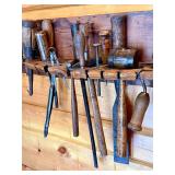 Primitive Wooden Wall Mounted Tool Holder with 25 Vintage Hand Tools