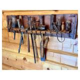 Primitive Wooden Wall Mounted Tool Holder with 25 Vintage Hand Tools