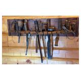 Primitive Wooden Wall Mounted Tool Holder with 25 Vintage Hand Tools