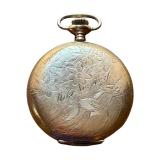 Clinton Engraved Pocket Watch with Display Dome and Wooden Stand