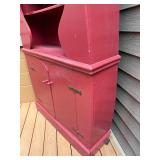 Vintage Red Painted Wooden Hutch with Shelves and Cabinet