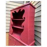 Vintage Red Painted Wooden Hutch with Shelves and Cabinet
