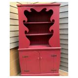 Vintage Red Painted Wooden Hutch with Shelves and Cabinet