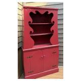 Vintage Red Painted Wooden Hutch with Shelves and Cabinet