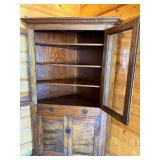 Antique Corner Wood Cabinet with Glass Doors and Brass Hardware