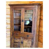 Antique Corner Wood Cabinet with Glass Doors and Brass Hardware