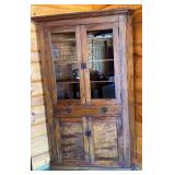 Antique Corner Wood Cabinet with Glass Doors and Brass Hardware