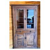 Antique Corner Wood Cabinet with Glass Doors and Brass Hardware