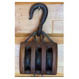Antique Union Hardware Triple Pulley Block with Iron Hook
