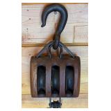 Antique Union Hardware Triple Pulley Block with Iron Hook