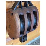 Antique Union Hardware Triple Pulley Block with Iron Hook