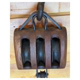 Antique Union Hardware Triple Pulley Block with Iron Hook