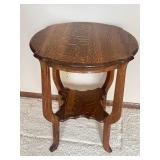 Antique Oak Side Table with Scalloped Edge and Lower Shelf