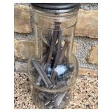Vintage Master Mfg Co Oil Spout Jar Filled with Square Nails