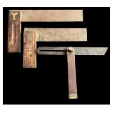 Set of 3 Vintage Wood and Brass Carpenter Squares and Bevel Gauge