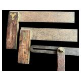Set of 3 Vintage Wood and Brass Carpenter Squares and Bevel Gauge