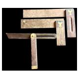 Set of 3 Vintage Wood and Brass Carpenter Squares and Bevel Gauge