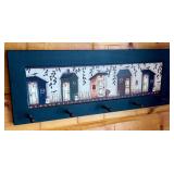 Wall-Mounted Wooden Coat Rack with Painted Beach Hut Design