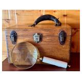 Vintage Wooden Lockbox with Eagle Lock Co. Hardware and Magnifying Glass